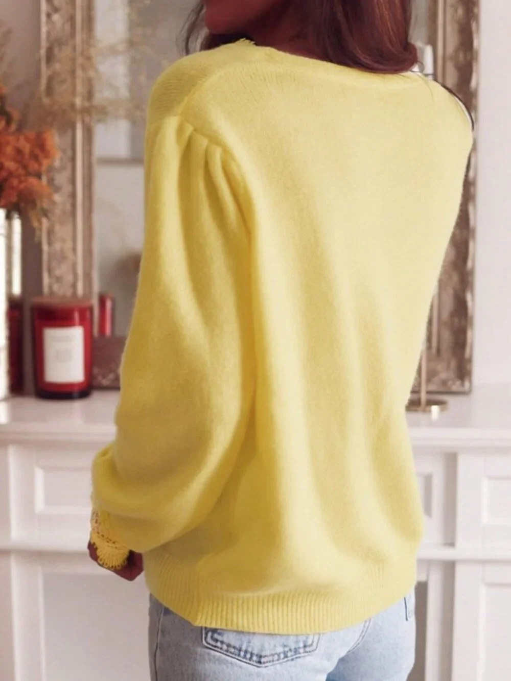 Yellow Casual Women's Loose Contrast Lace V-Neck Drop Sleeve Knit Cardigan